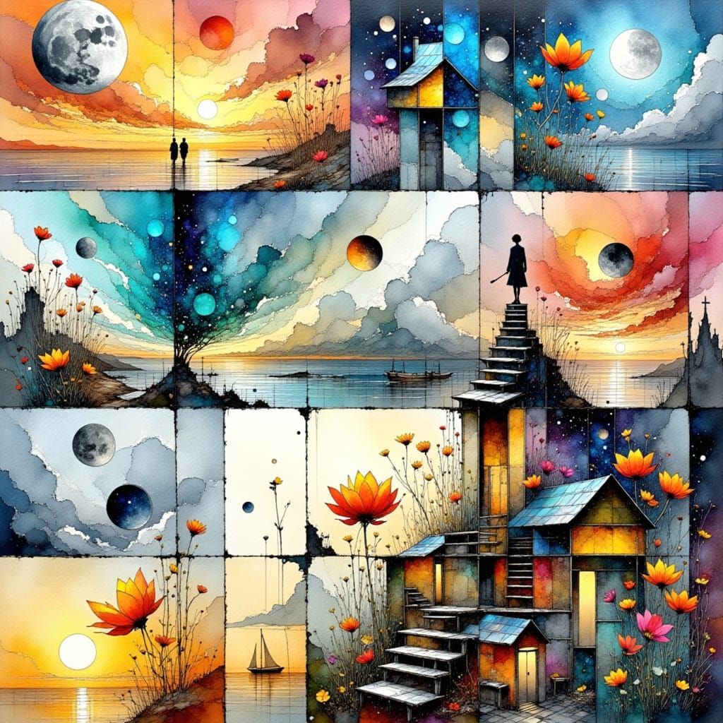 Cosmic Ascent in a Silvery Metaphysical Painting