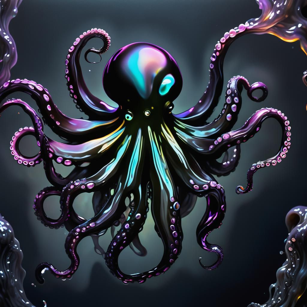 Surreal Melting Black Octopus in Oil Paint