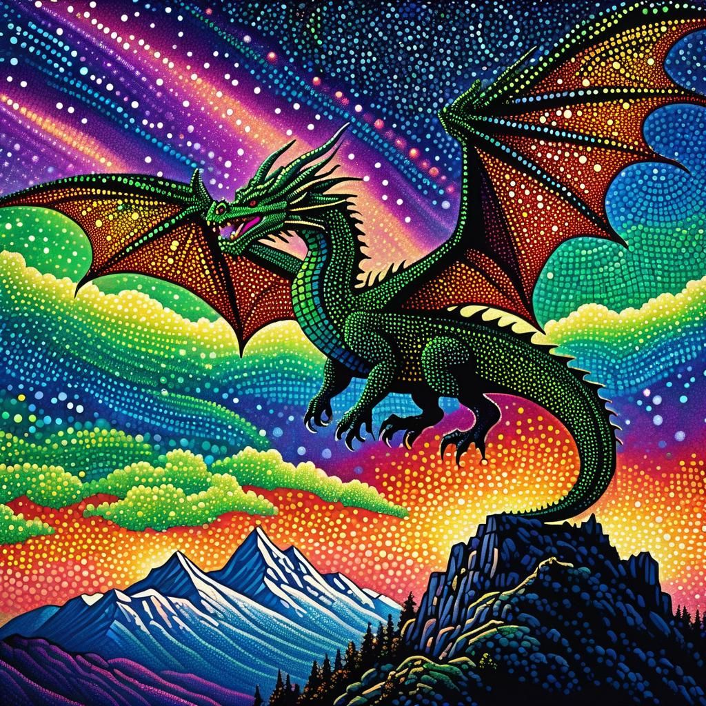 Dragon on Mountaintop in Pointillism Style