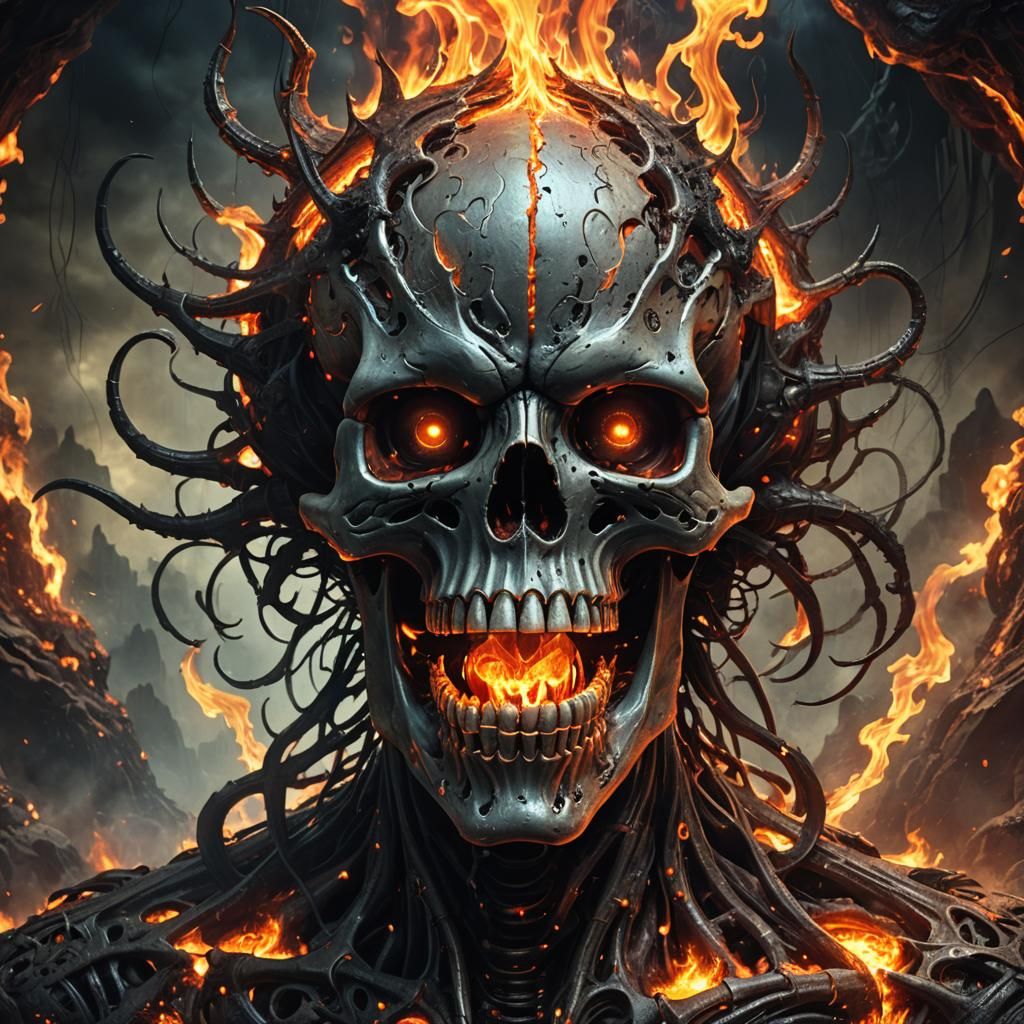 Flaming Hellscape Skull in Anime Dark Fantasy Style