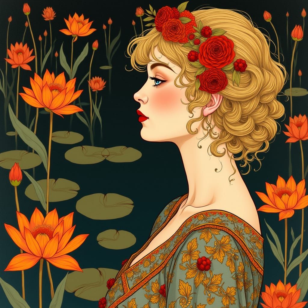 Art Nouveau Woman with Golden Curls and Rose Headpiece