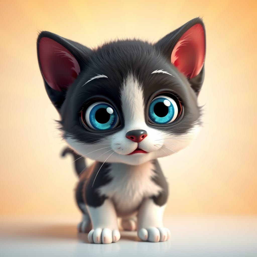 Vibrant Cartoon Kitten with Oversized Blue Eyes