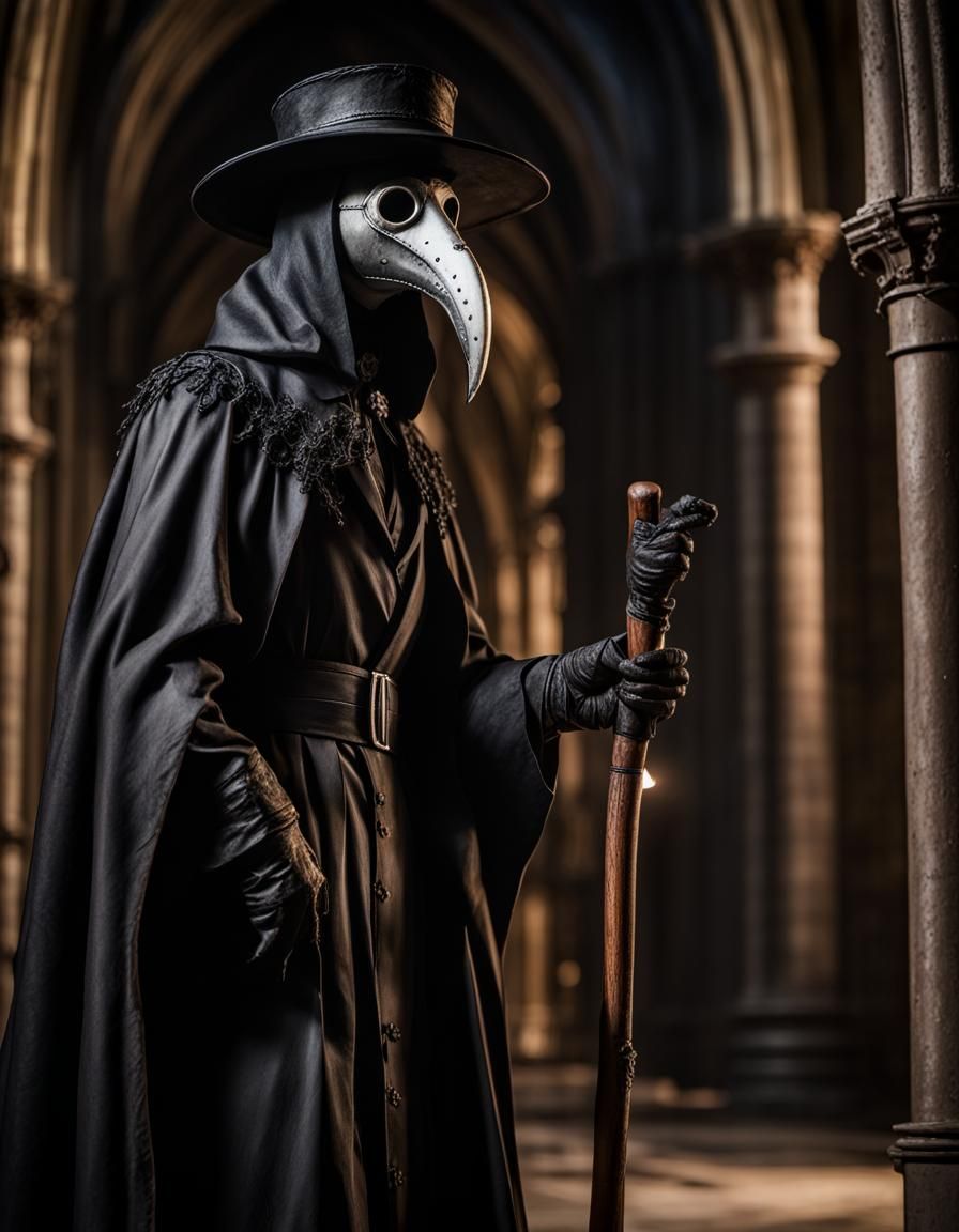 Photorealistic Plague Doctor in Gothic Cathedral
