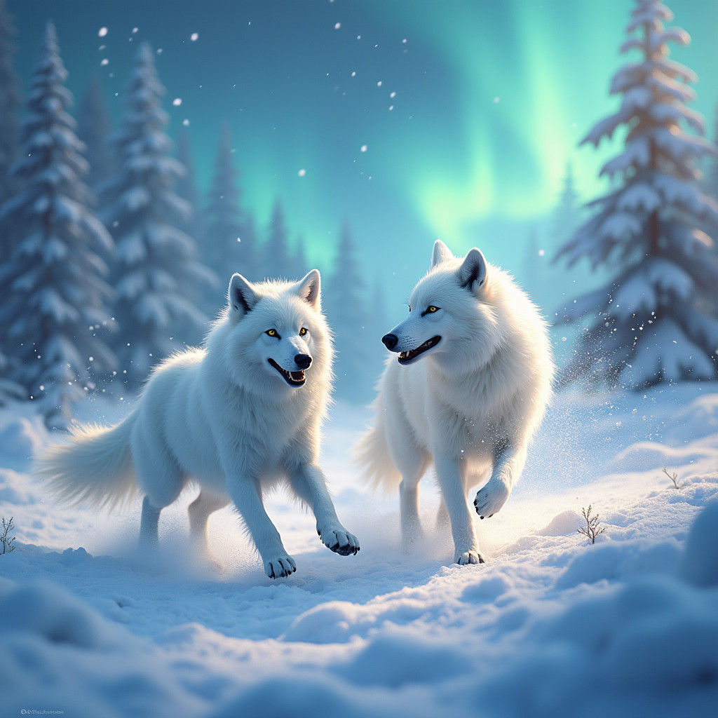 White Wolves Play in Snowy Landscape