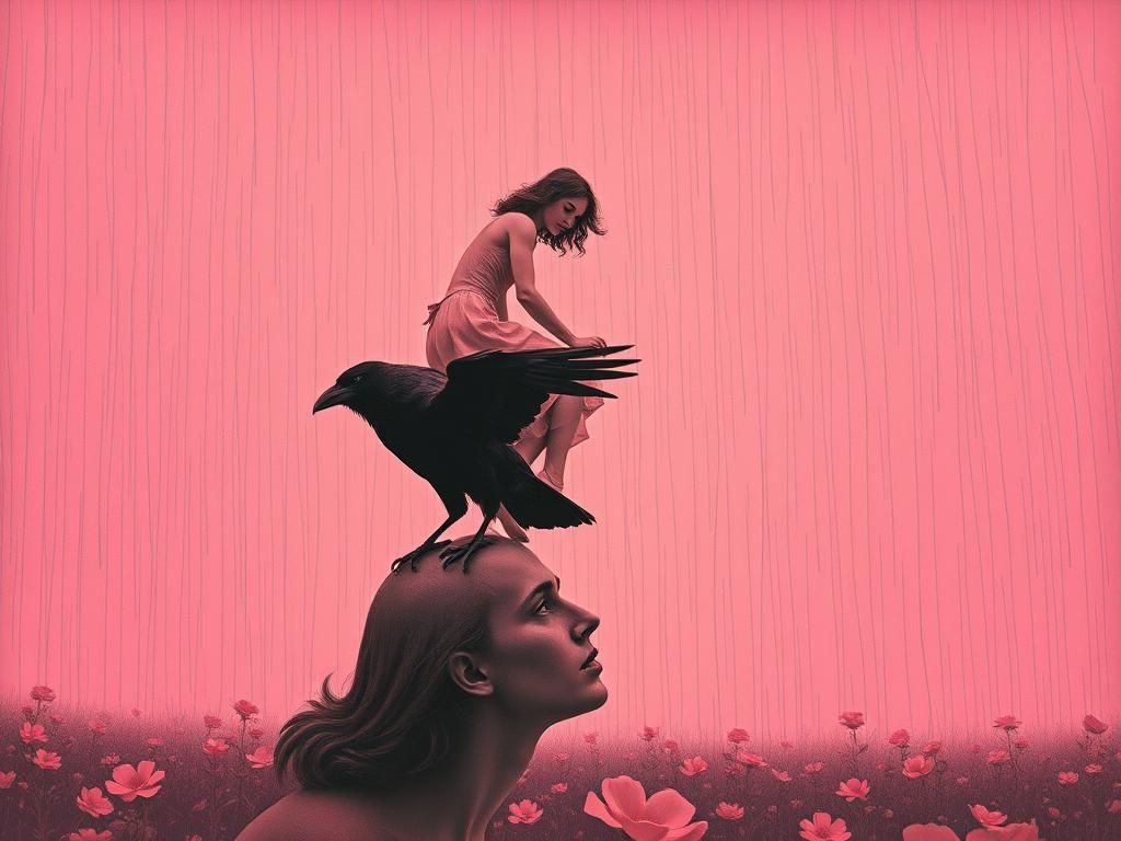 Woman Rides Raven in Pink Vapourwave Style