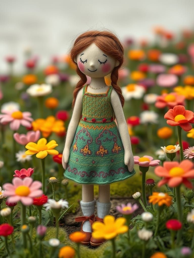 Felted Girl in Meadow, Storybook Illustration