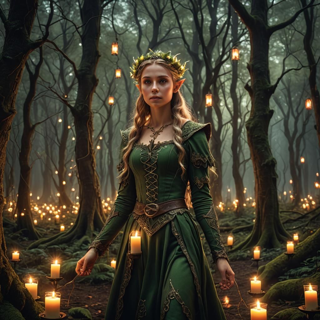 Hyperrealistic Elf Princess in Candlelit Forest