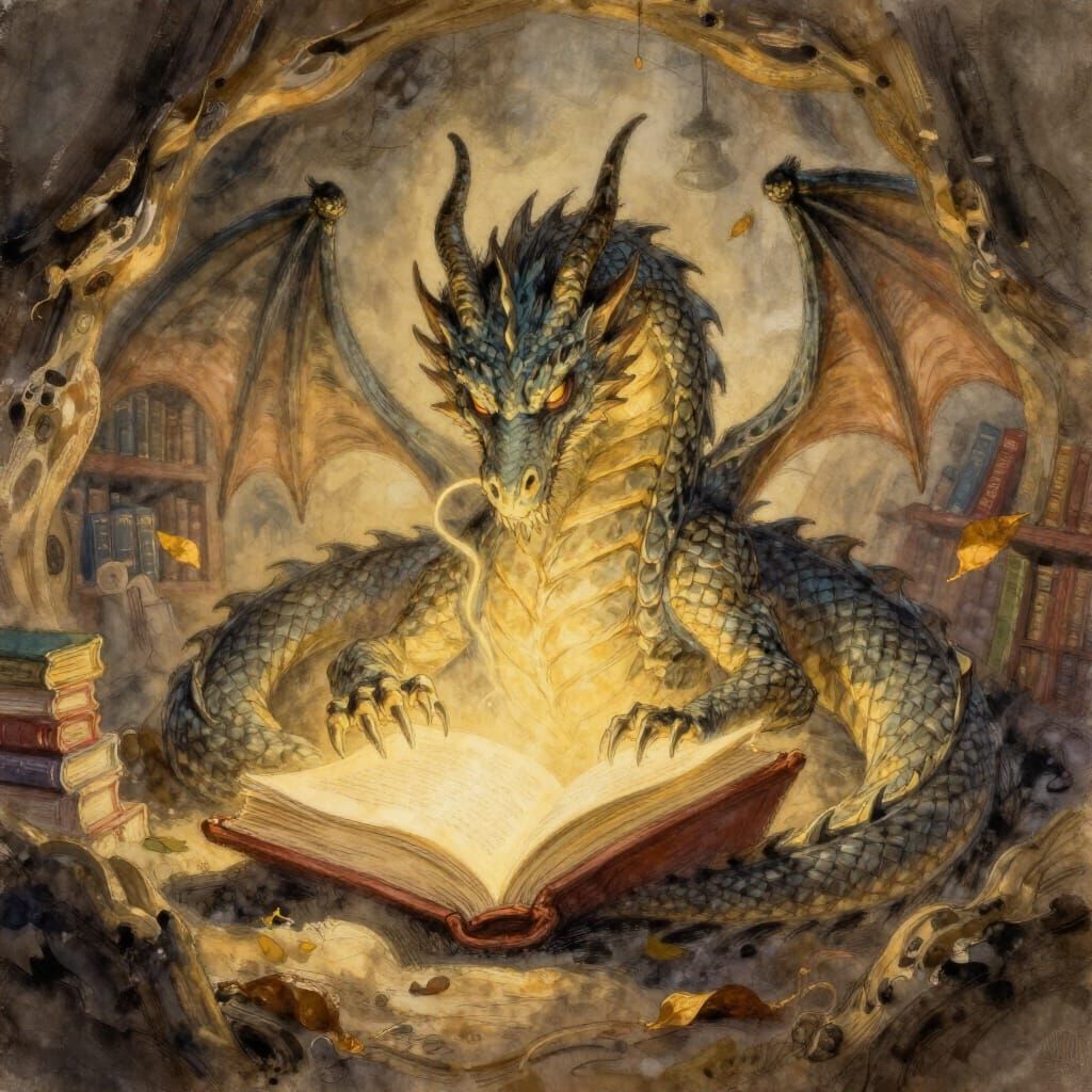 Dragon Guarding Glowing Book in Library Cave Painting