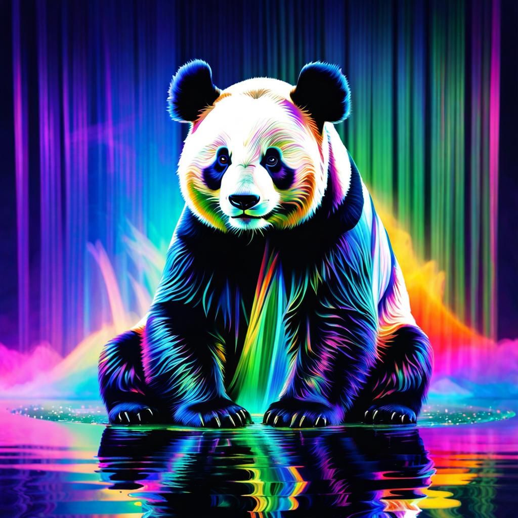 Holographic Panda Bear in Rainbow Neon Colors