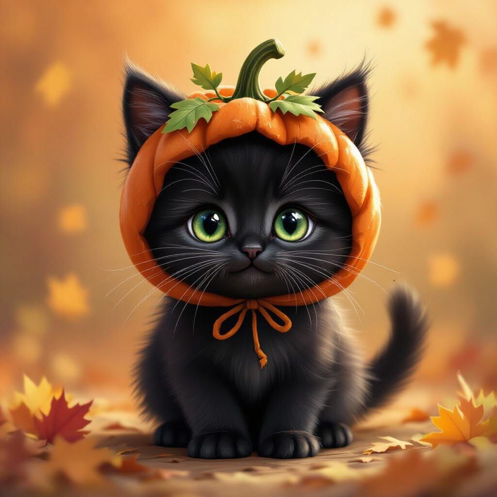 Fluffy Kitten in Whimsical Pumpkin Costume