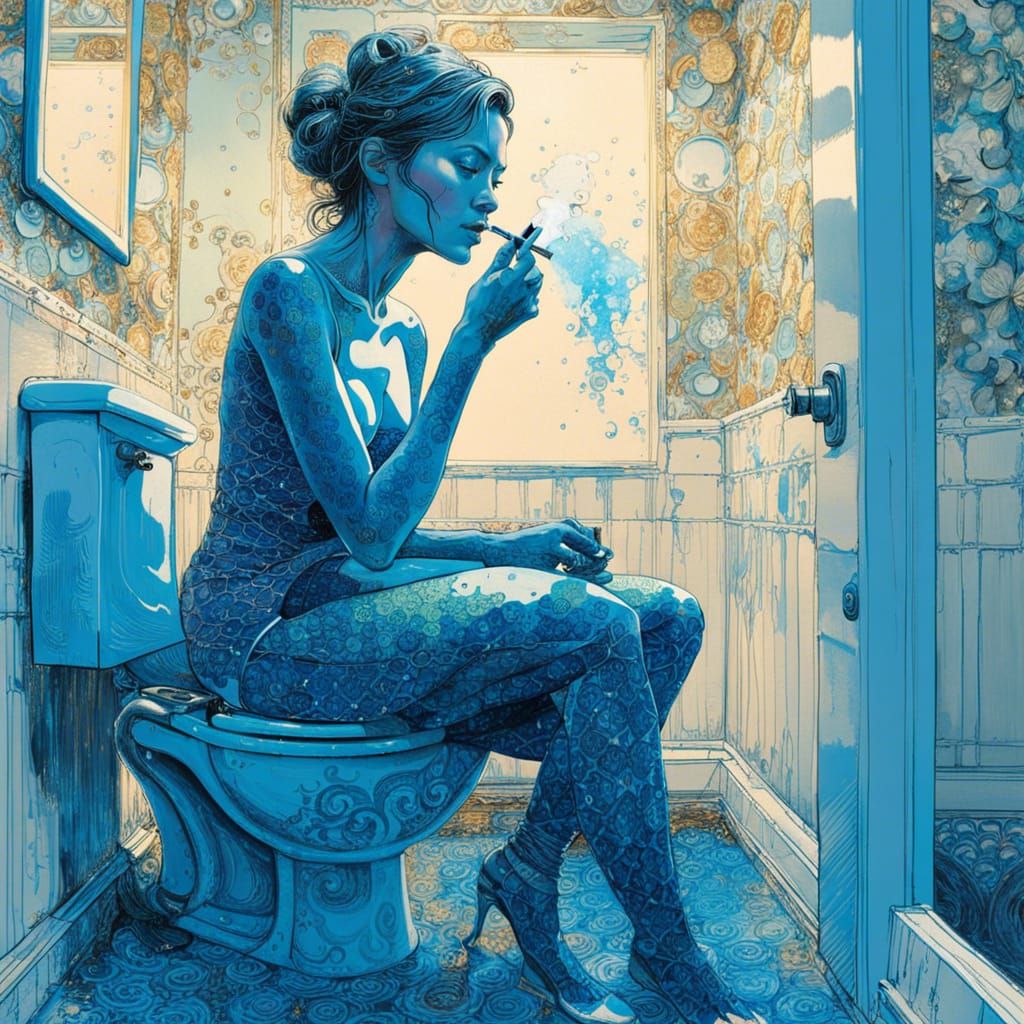 Woman in Luminous Blue Bathroom, Digital Art