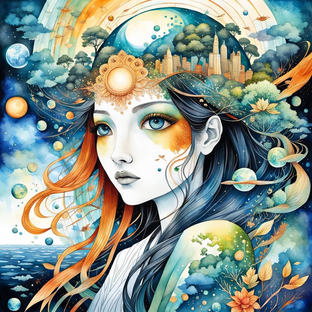 Utopian Earth: Double Exposure Watercolor Illustration