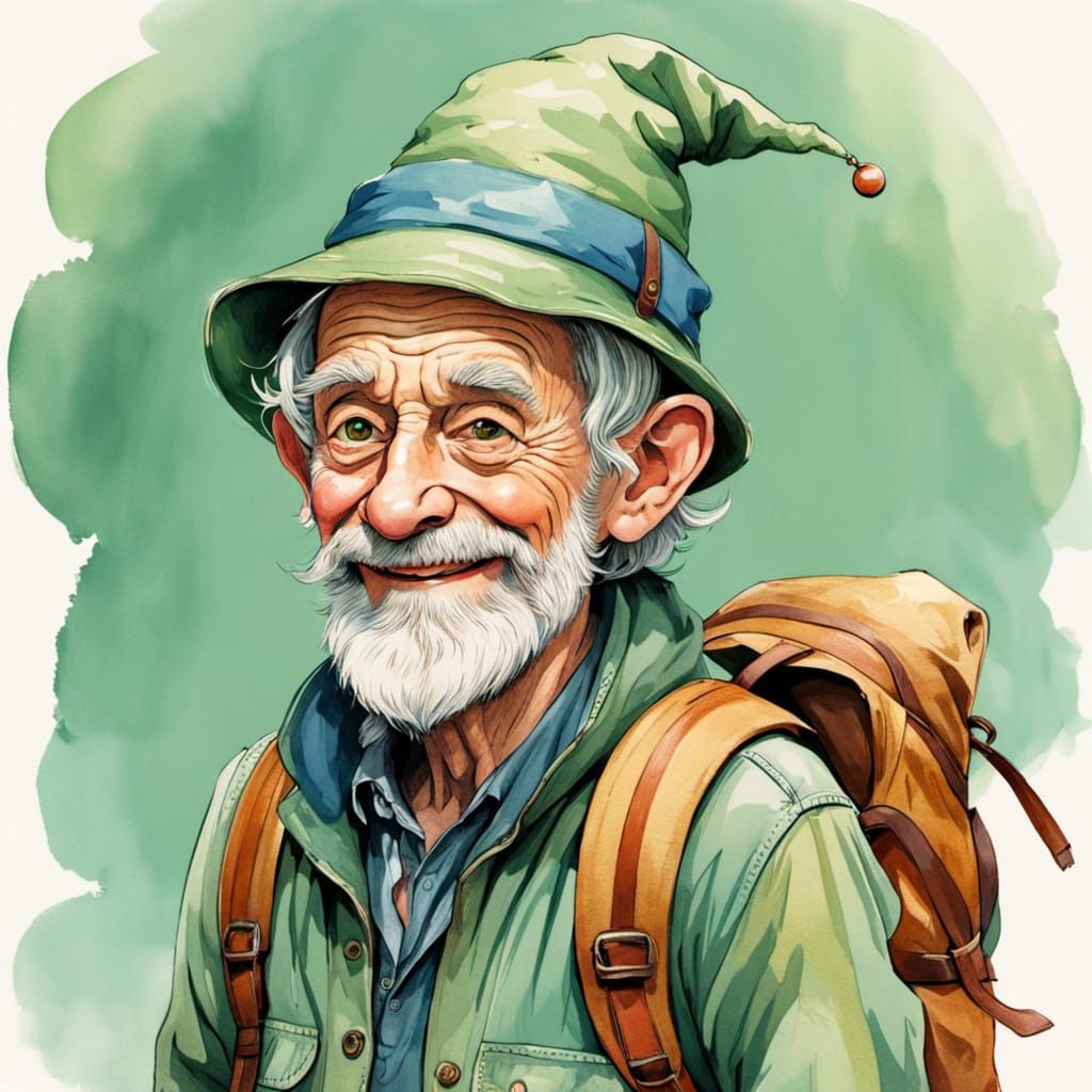 Whimsical Watercolor of an Eccentric Old Man with Elf Ears