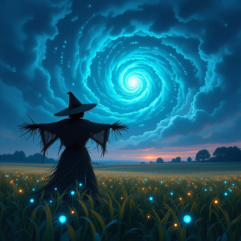 Scarecrow in Digital Flora Field with Binary Code Sky