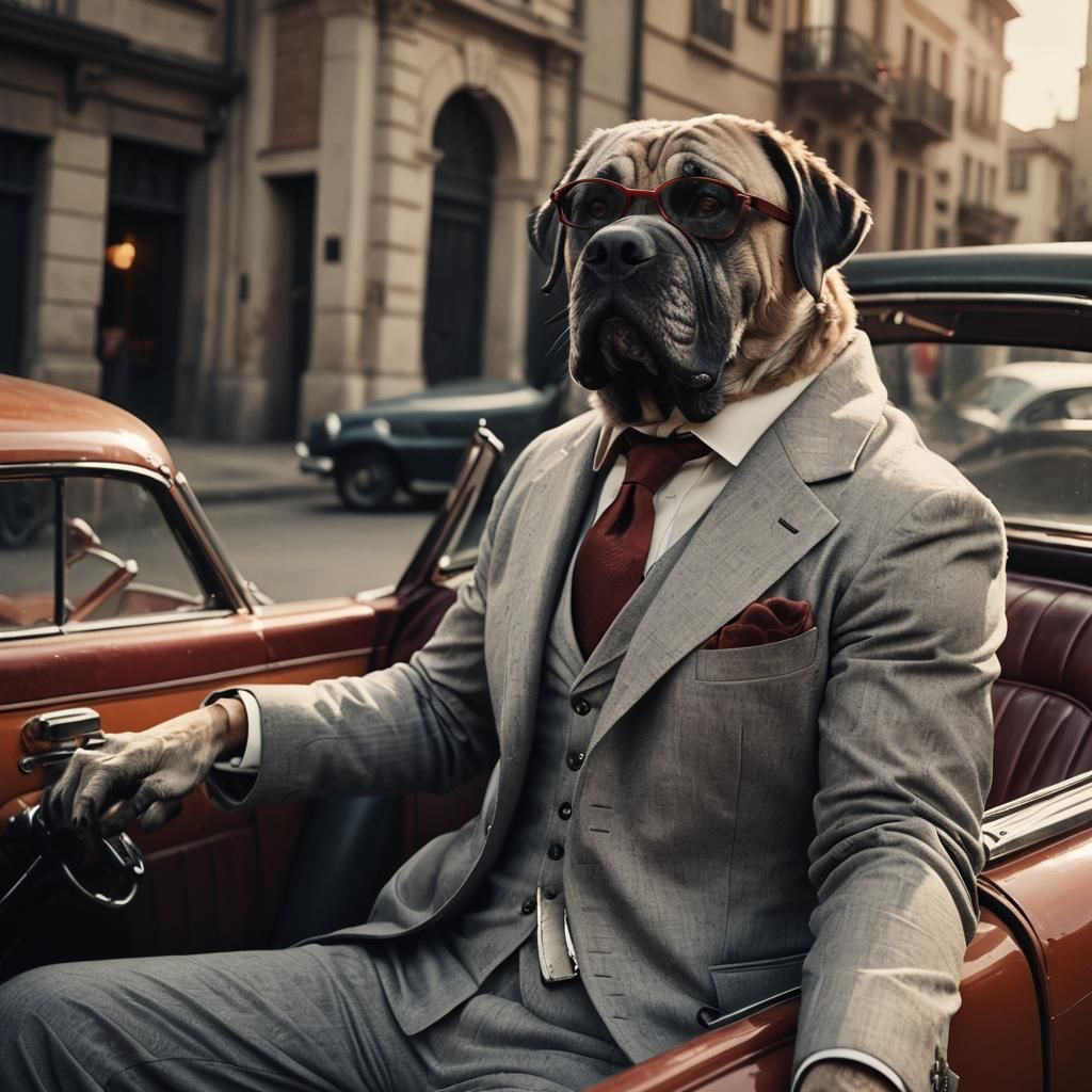 Anthropomorphic Spanish Mastiff as 1940s Driver