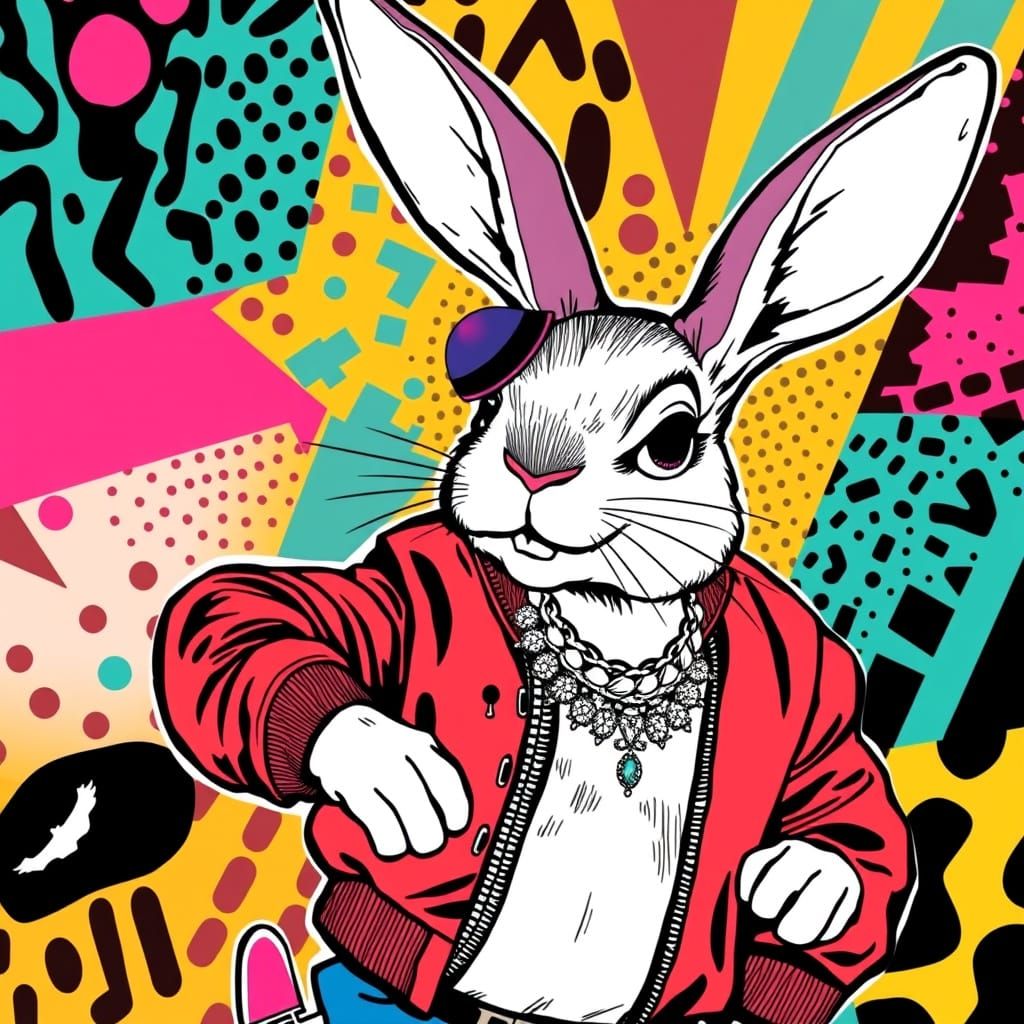 Pop Art Rabbit Grooving with Bling Necklace