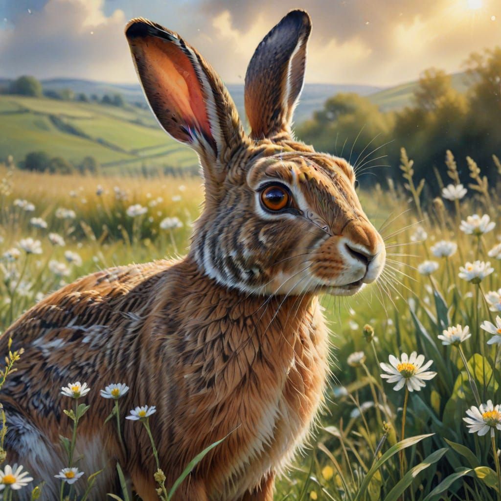 Detailed Watercolour Hare in Sunny Spring Field