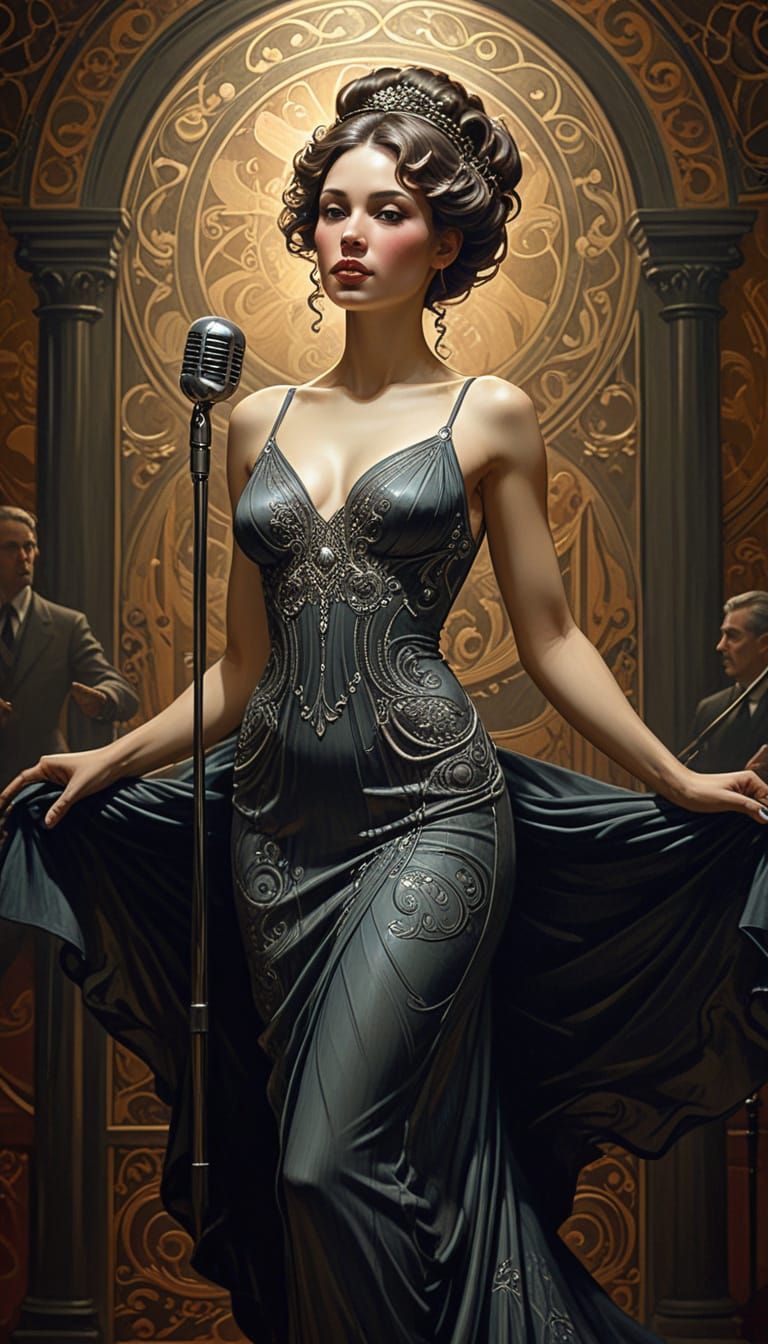 Art Nouveau Jazz Singer in Pencil Sketch Style