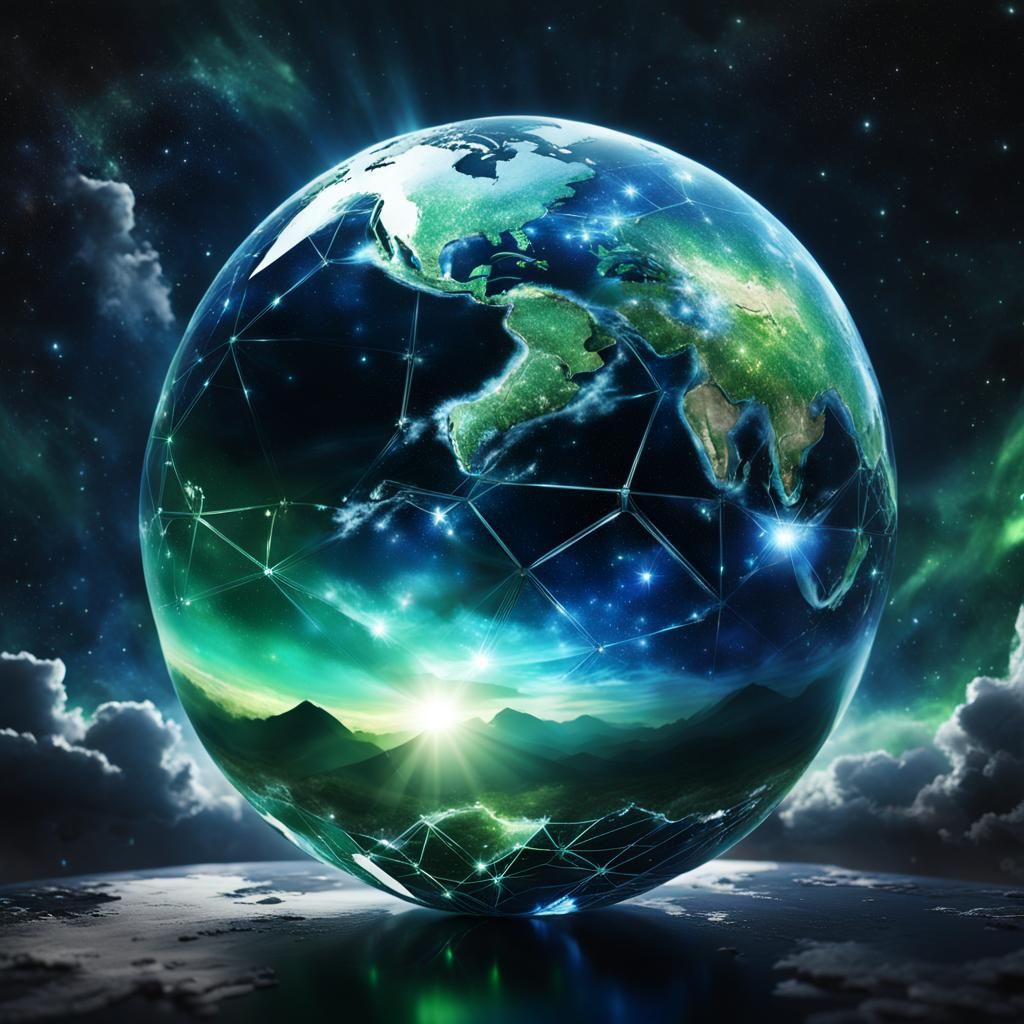 Crystalline Globe Reflecting a Galaxy, Digital Art