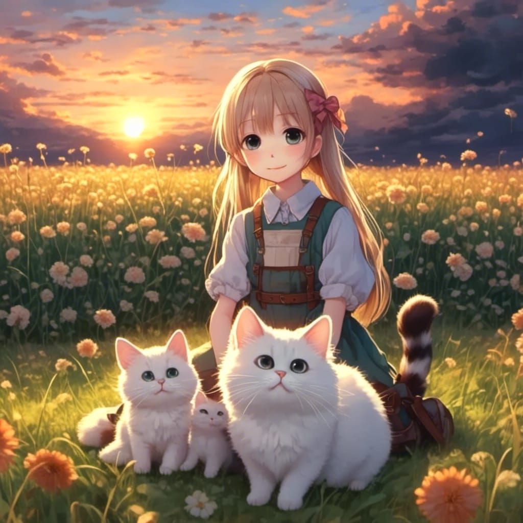 Cute Cartoon Girl with Cat in Sunset Garden
