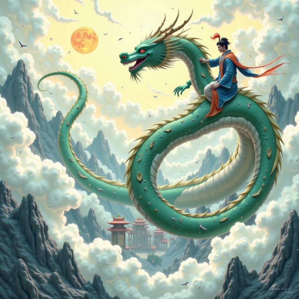 Cultivator on Dragon Soaring Above Village