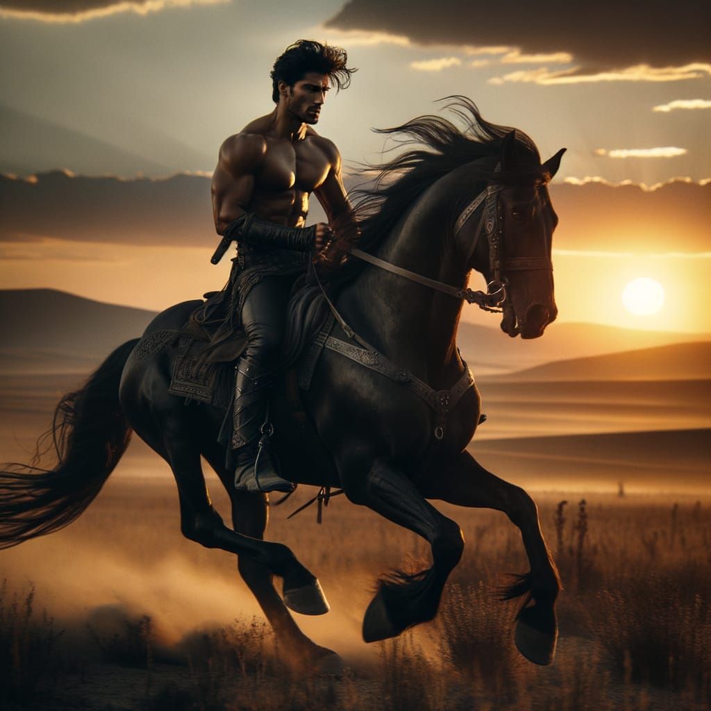 Powerful Warrior Rides into Sunset on Majestic Black Horse