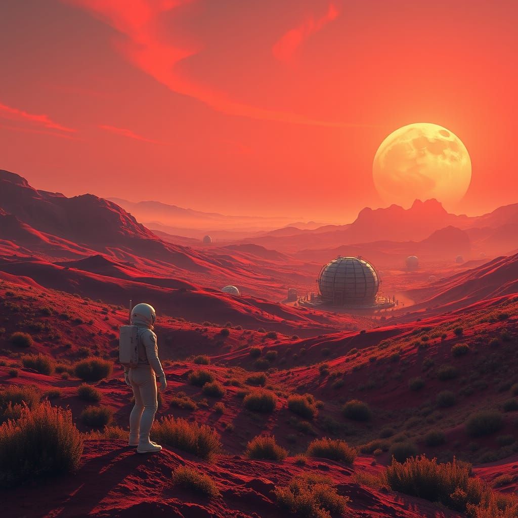 Terraformed Mars Landscape with Binary Sunset