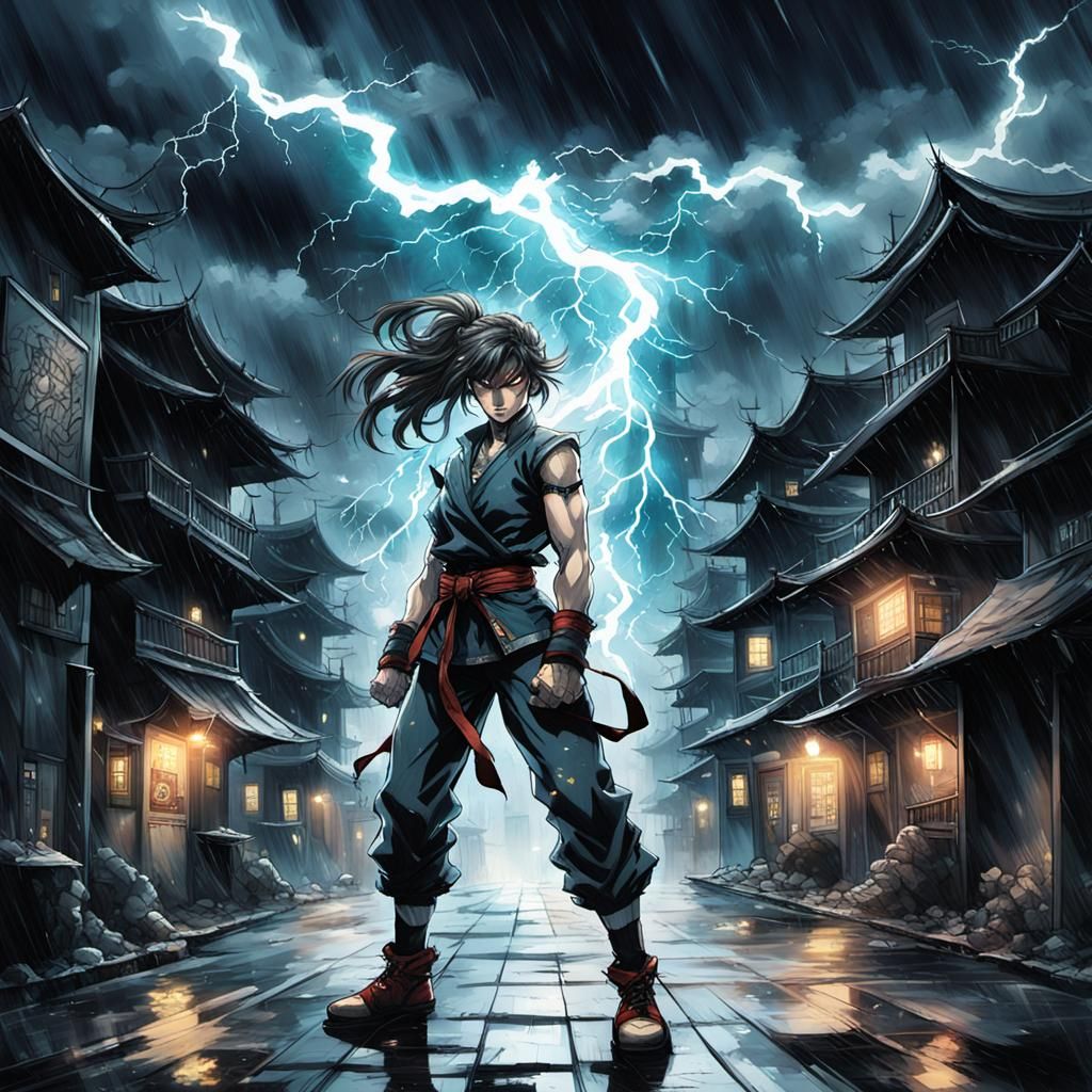 Dark Fantasy Anime Street Fighter in Stormy City