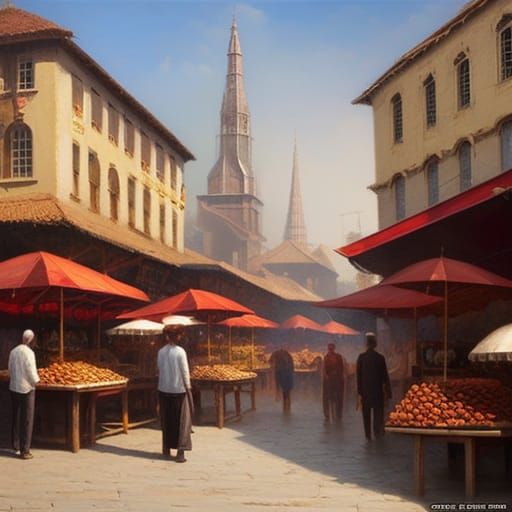 Old City Marketplace in Detailed Oil Painting Style