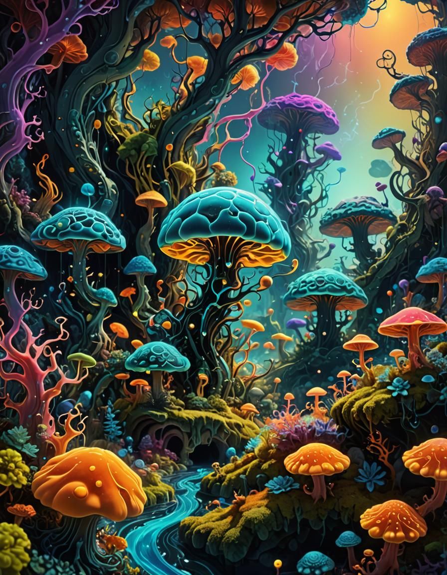 Dreamscopic Mandelbulb Landscape with Bioluminescent Flora