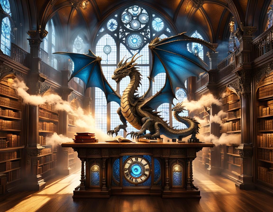 Steampunk Dragon Librarian in Art Nouveau Style
