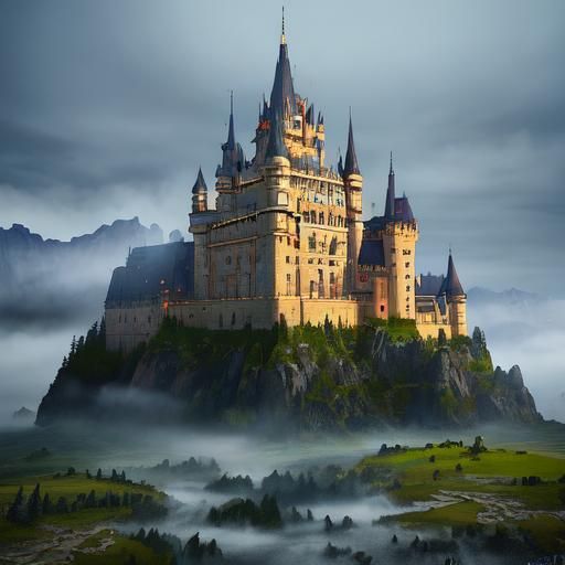 Majestic Castle in Swirling Mist: Fantasy Concept Art