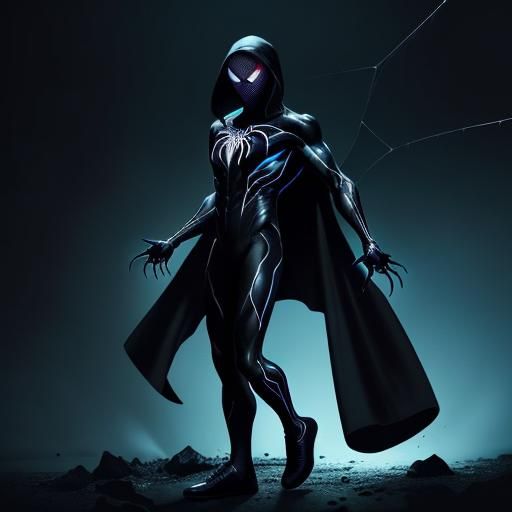 Superhero in Black Venom-Style Suit with Glowing Webs