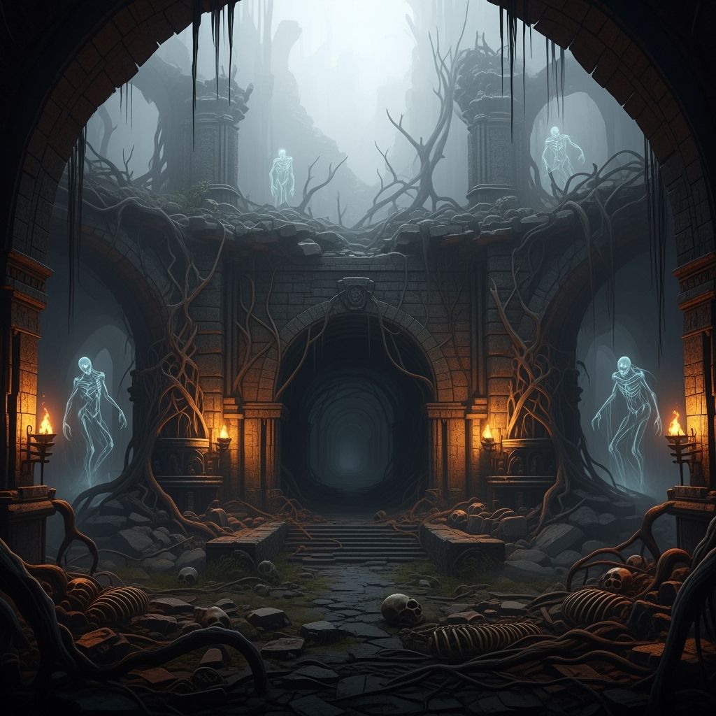 Haunted Ruins with Overgrown Tunnel, Dim Lights
