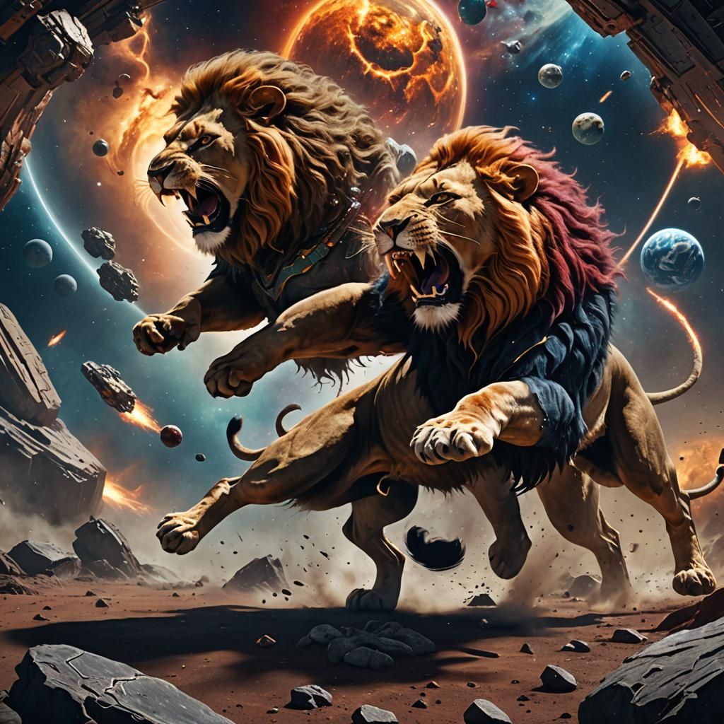 Lions Fighting in Space: Detailed Matte Painting