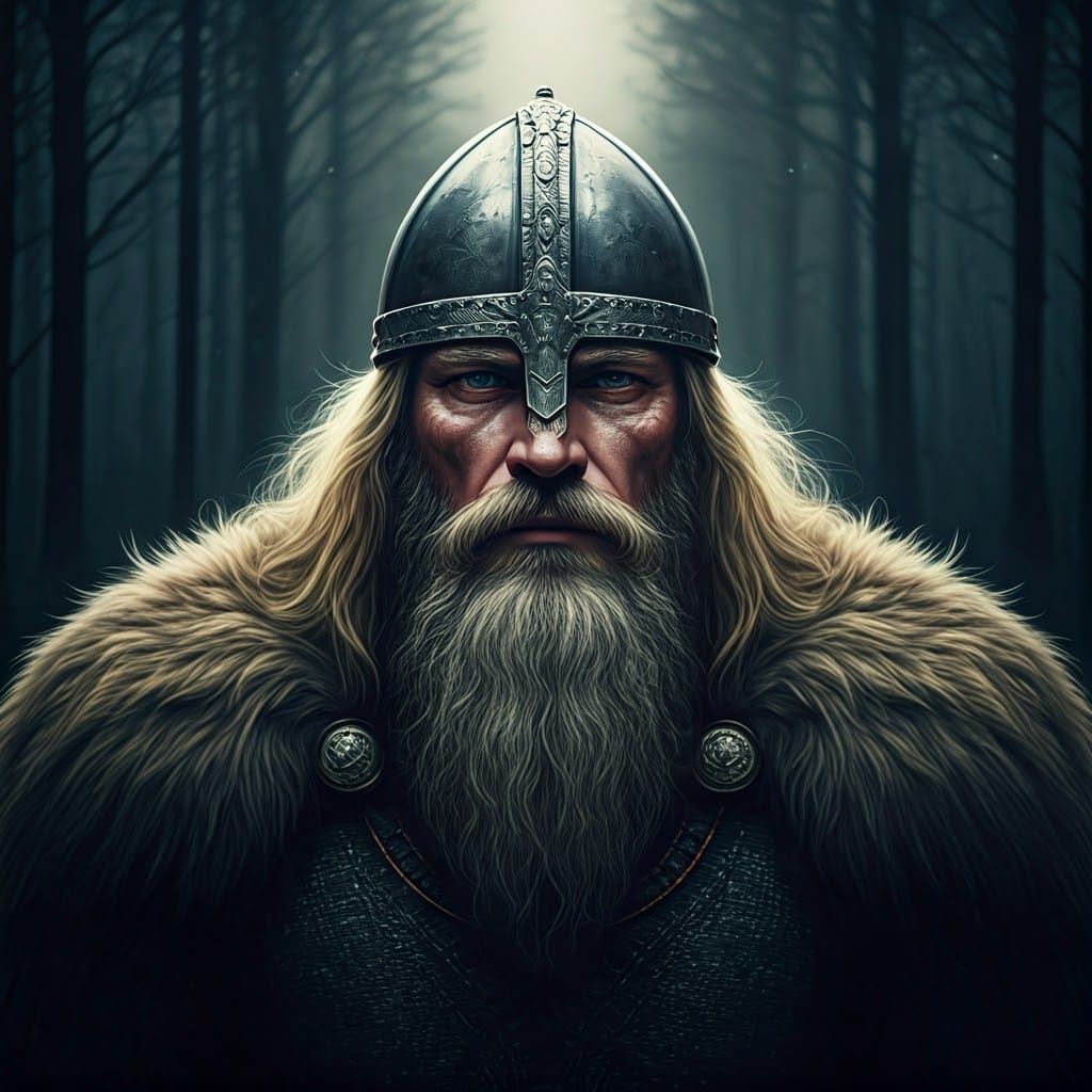 Viking Elder and Blonde Woman on Forest Path