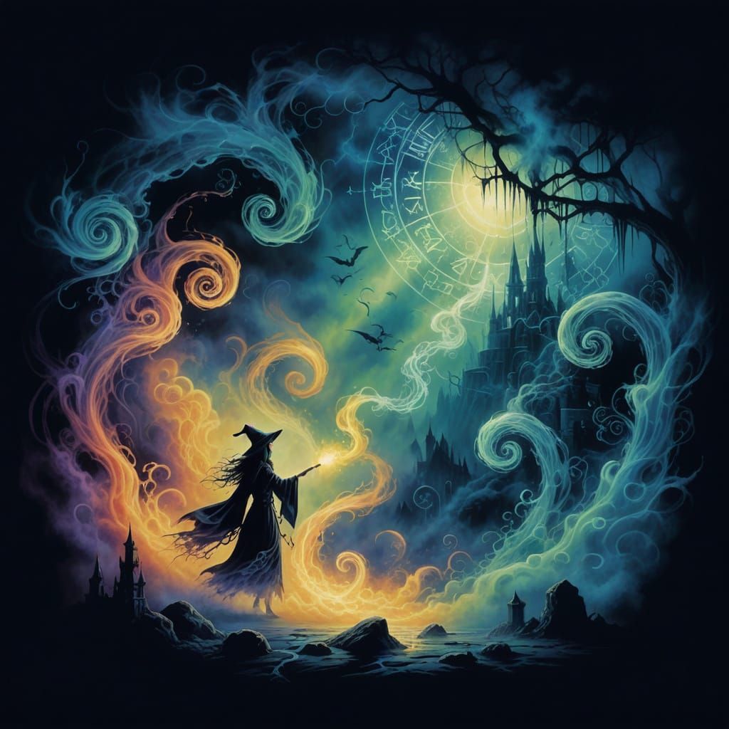 Gothic Witch Spellcasting in Misty Airbrush Art