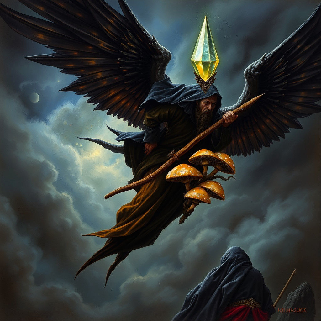 Dark Wizard Flies on Black Wings in Fantasy Art Style