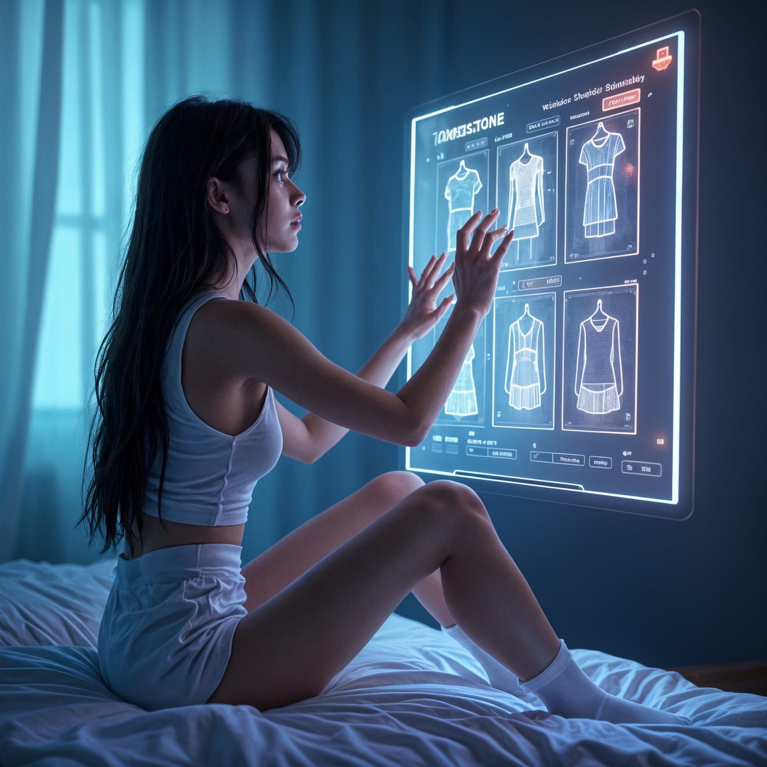Create a mesmerizing holographic wardrobe interface - a wide flat panel anchored directly before the girl's face at exac...