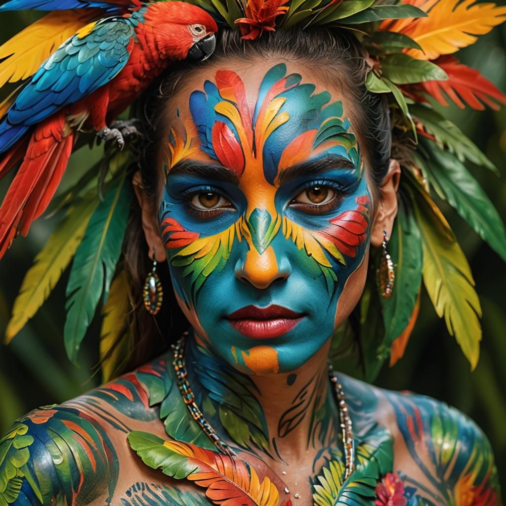 Vibrant Parrot Body Art in Tropical Style