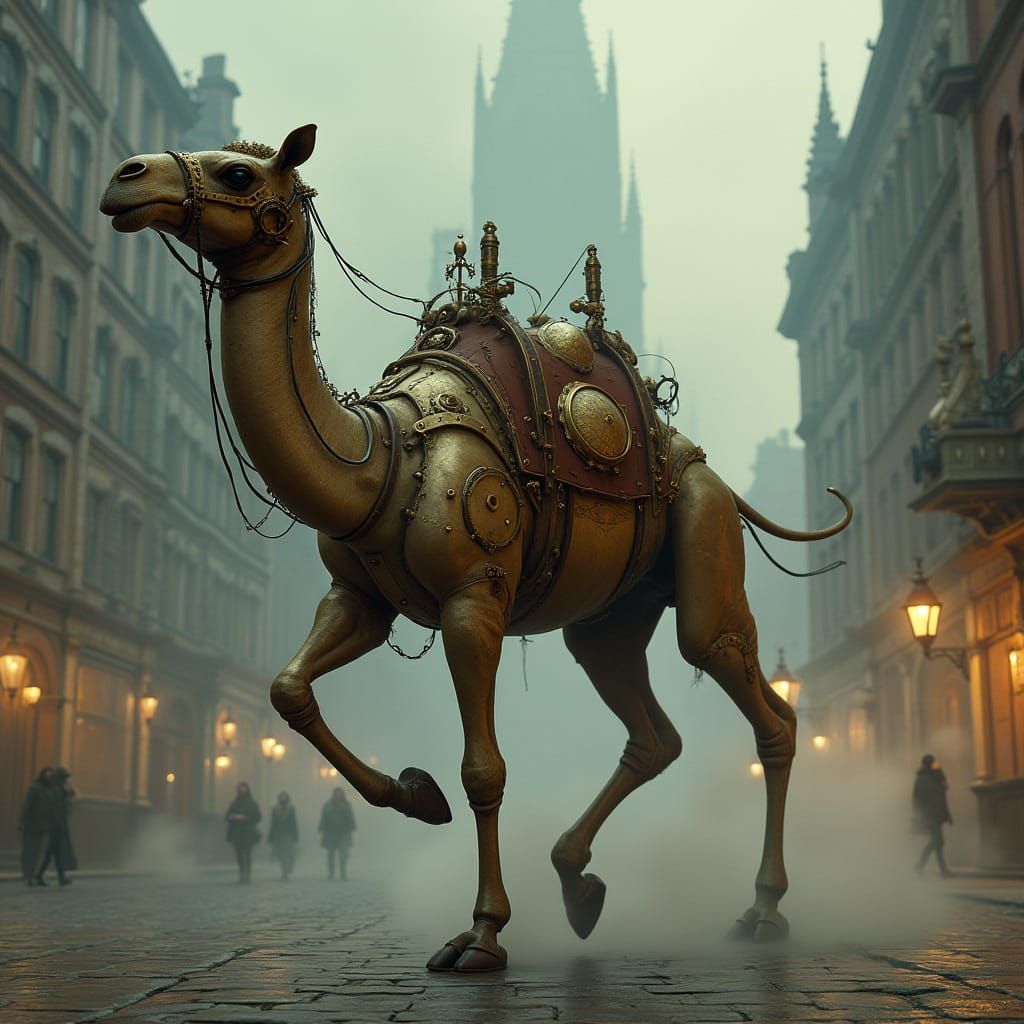 Majestic Steampunk Camel Gallops Through Victorian City