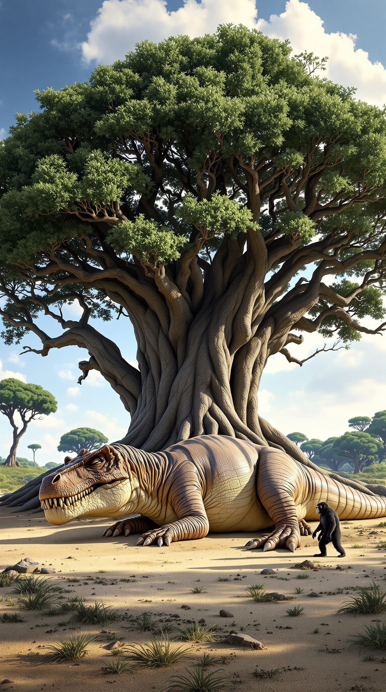 Peaceful T-Rex and Baby Dinosaur Scene in Storybook Style