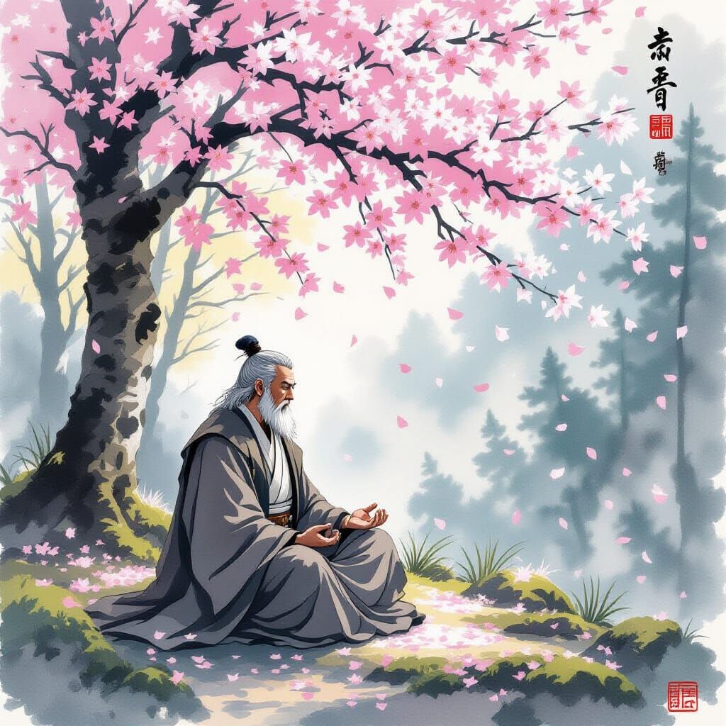 Jedi Meditation Beneath Cherry Blossoms: Ukiyo-e Style