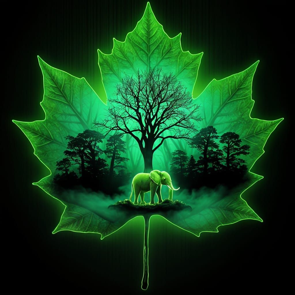Luminous Elephant in Fluorescent Green Maple Leaf