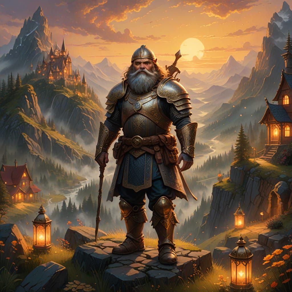 Gimli in Majestic, Golden-Lit Mountain Pass