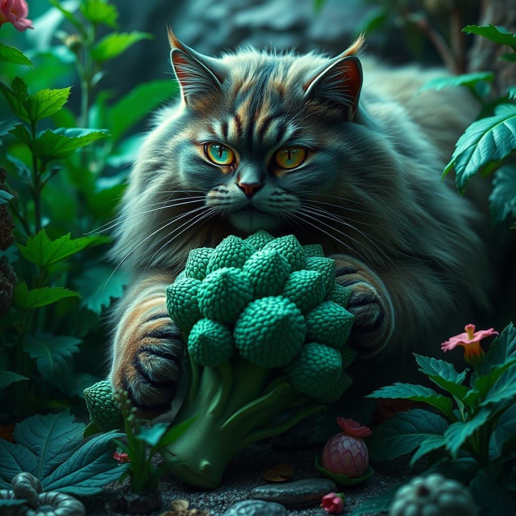 Regal Cat Pounces on Whimsical Broccoli Plushie in Fantastic...