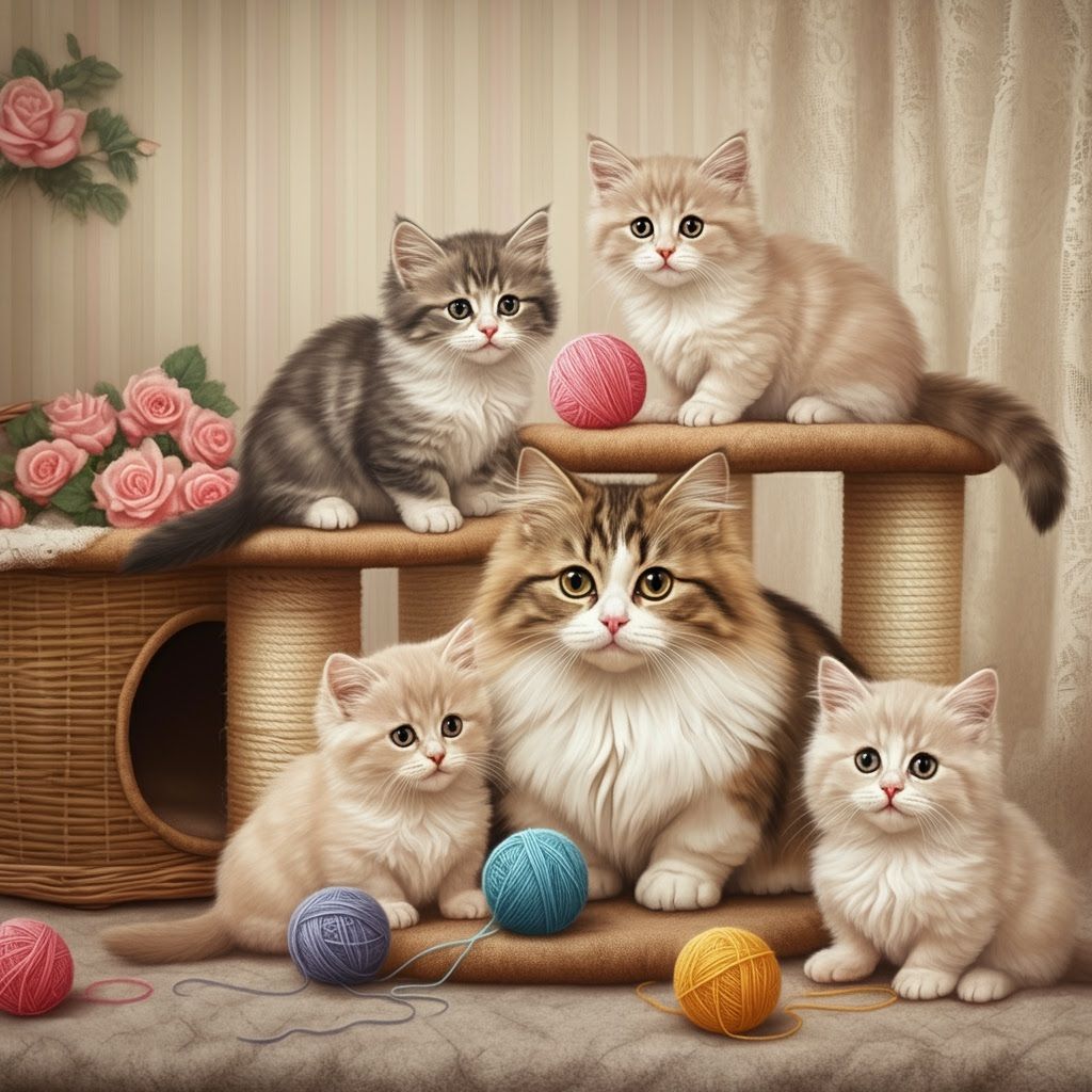 A group of Munchkin cats - kittens and the mother - are cent...