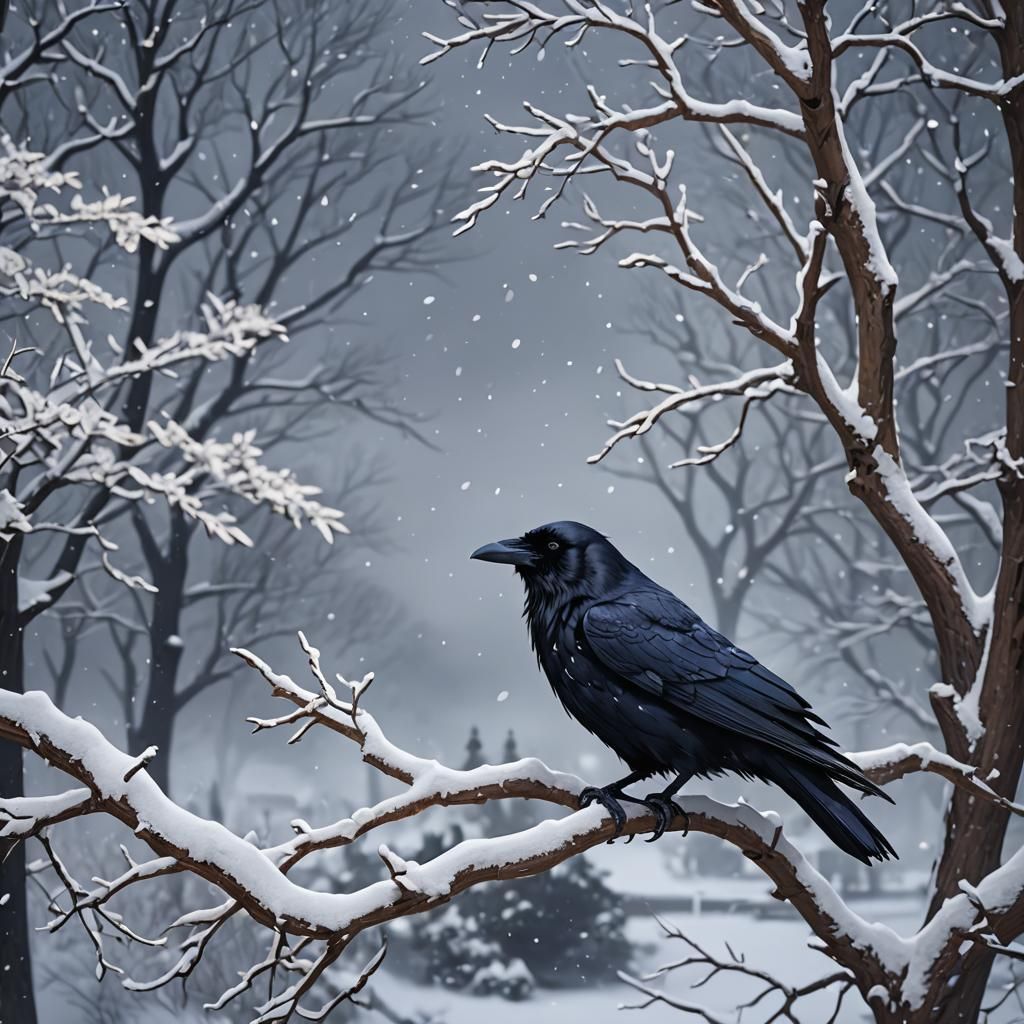 Anime Raven in Snow: Detailed 3D Art