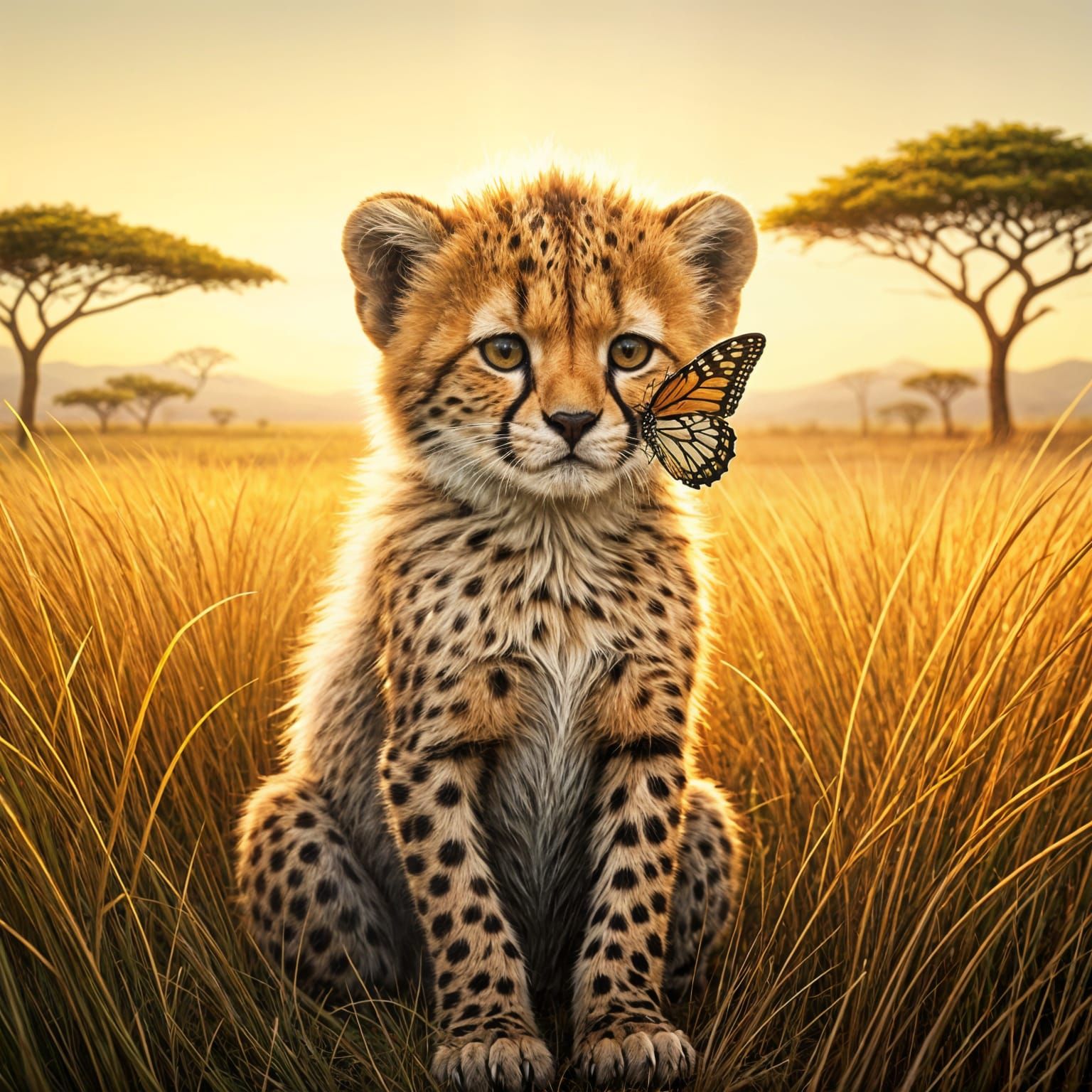 Peaceful Savannah Cub and Butterfly in Gentle Sunlight