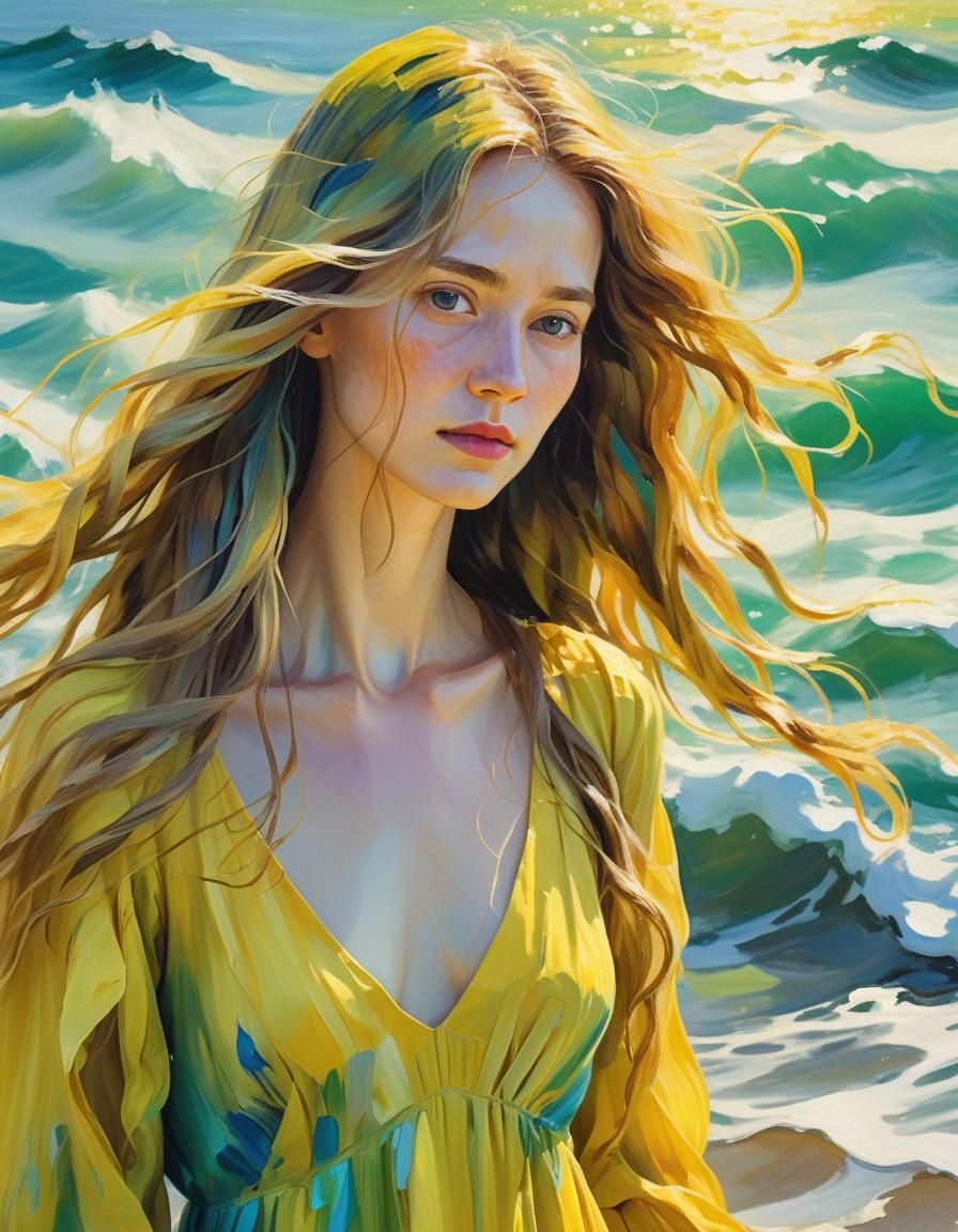 Neo-Impressionistic Portrait of Woman by the Sea